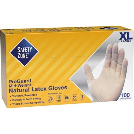Safety Zone GRDR-1T, Disposable Gloves, 4 mil Palm, Latex, Powdered, XL, 100 PK, Natural SZNGRDRXL1T